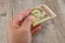One hundred hryvnia bill in a woman`s hand. Close-up.