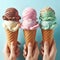 One ice cream flavour in delightful waffle cones on pastel blue background