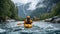 One Kayaker Paddling The Rapids of A Beautiful Mountain River. Generative AI