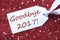 One Label On Red Background, Snowflakes, Text Goodbye 2017