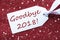 One Label On Red Background, Snowflakes, Text Goodbye 2018