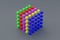 One large cube made of many multi colored small on gray background. Block chain concept