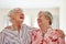 One of lifes greatest pleasures, a good old friend. Shot of two happy elderly women embracing each other at home.