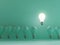 One lightbulb shining and rising above on others bulbs on blue background for outstanding ,different creative thinking idea and