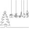 One line christmas tree with hanging decoration gift box, star, bell, and sock. Christmas party in winter season. Merry christmas