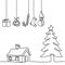 One line christmas tree with hanging decoration gift box, star, bell, and sock. Christmas party in winter season. Merry christmas