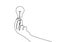 One line continuous draw human with a light bulb. Hand hold light bulb logo identity. Character woman or male doctor, hand holding