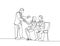One line drawing of company manager meet and handshaking employee candidates while sitting on chair to take job interview. Modern