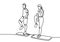 One line drawing of couple doing yoga exercise. Young man and woman standing with one legs and doing stretching yoga isolated on