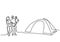 One line drawing of family camping. Happy father, mother, daughter, and son doing picnic with a tent in outdoor. Spend vacation