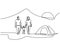 One line drawing of family camping. Happy father, mother, daughter, and son doing picnic with a tent in outdoor. Spend vacation