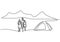 One line drawing of family camping. Happy father, mother, daughter, and son doing picnic with a tent in outdoor. Spend vacation