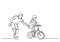 One line drawing of father helping child to drive bicycle