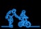 One line drawing of father helping child to drive bicycle with neon vector effect