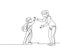 One line drawing of female teacher meet one of her student at school and giving high five gesture. School education activity