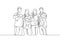 One line drawing of groups of happy college students giving thumbs up gesture after studying together at university library. Learn