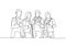 One line drawing of groups of young happy male and female doctors giving thumbs up gesture as service excellence symbol. Medical