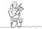 One line drawing of happy girl handyman carrying tools while holding drill machine. Woman repair construction maintenance service