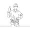 One line drawing of happy handyman wearing helmet and carrying tools gives thumbs up. Home maintenance service excellent concept.