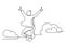 One line drawing of happy man jumping higher clouds