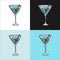 One line drawing martini glass on various background. Four types of images. Colored cartoon graphic sketch. Continuous line way.