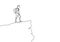 One line drawing of person looking at the top of rock mountain peak.. Victory symbol vector illustration