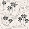 One line drawing tropical oasis island seamless pattern