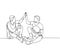 One line drawing of two young happy men take a rest after playing basketball at court and giving high five gesture. Sport game