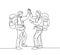 One line drawing of two young happy tourist carrying backpack to go to holiday and gives high five gesture. Backpacker traveling