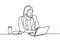 One line drawing of a woman sitting with laptop computer. A young girl writing while sitting in her office. Working behind a