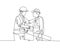 One line drawing of young architect holding on a roll paper and builder foreman wearing construction vest and helmet handshake to