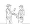 One line drawing of young architect woman and builder foreman wearing construction vest and helmet shaking their hands together.