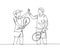 One line drawing of young fun couple male and female playing tennis at grass court together and giving high five gesture.