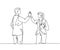 One line drawing of young happy businessman and businesswoman celebrating their successive goal with high five gesture. Business