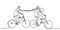 One line drawing of young happy couple on bicycle. Male and female take their hand and connecting together gesture. Relationship