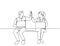 One line drawing of young happy couple business man and business woman opening their laptop and giving high five gestures.
