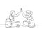 One line drawing of young happy couple male and female sitting on the floor and giving high five gesture. Relationship concept