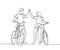 One line drawing of young happy couple male and female take a walk with bicycle at outfield park and giving high five gesture.