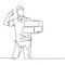 One line drawing of young happy delivery man gives thumbs up gesture while lift up carton box packages to customer. Delivery