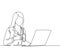 One line drawing of young happy doctor woman open a laptop to write medical record and gives thumbs up gesture. Healthcare service