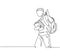 One line drawing of young happy elementary school boy student carrying stack of books and giving thumbs up gesture. Education