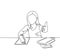 One line drawing of young happy elementary school girl student studying in the library while giving thumbs up gesture. Education