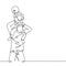 One line drawing of young happy father lift up his son on the shoulder and playing ball together at outdoor park. Parenting family