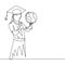 One line drawing of young happy female student carrying a globe and wearing graduation hat and giving thumbs up gesture. Education