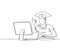 One line drawing of young happy male college student studying in front of computer and gives thumbs up gesture. Graduate student