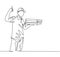 One line drawing of young happy pizza delivery man gives thumbs up gesture before deliver package to customer. Food delivery