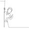 One line drawing of young happy student boy school student appeared from behind the wall and giving thumbs up gesture. Education