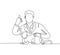 One line drawing of young happy veterinarian doctor pose thumbs up gesture after treating sick cat at clinic. Pet health care
