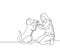 One line drawing of young happy woman squat then giving high five gesture to his dog at outfield park as friendship symbol. Pet