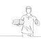 One line drawing of young pizza delivery man gives thumbs up gesture while deliver the package to customer. Food delivery service